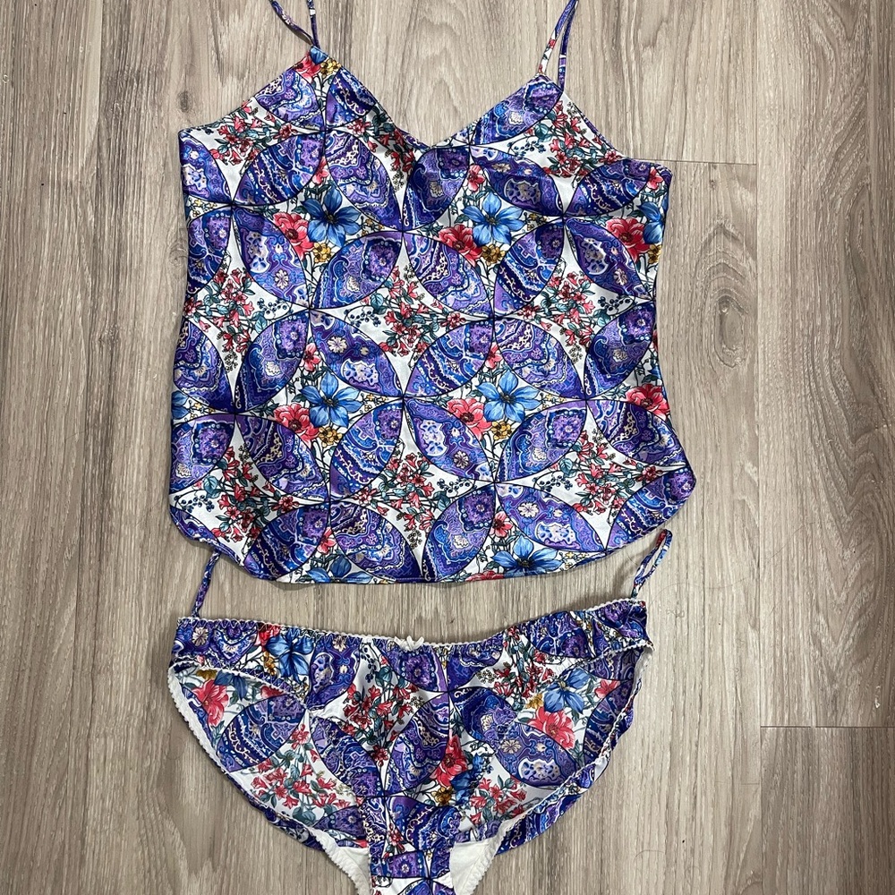 Vintage 80s Purple Floral Satin Cami & Pantie Set Lingerie Romantic